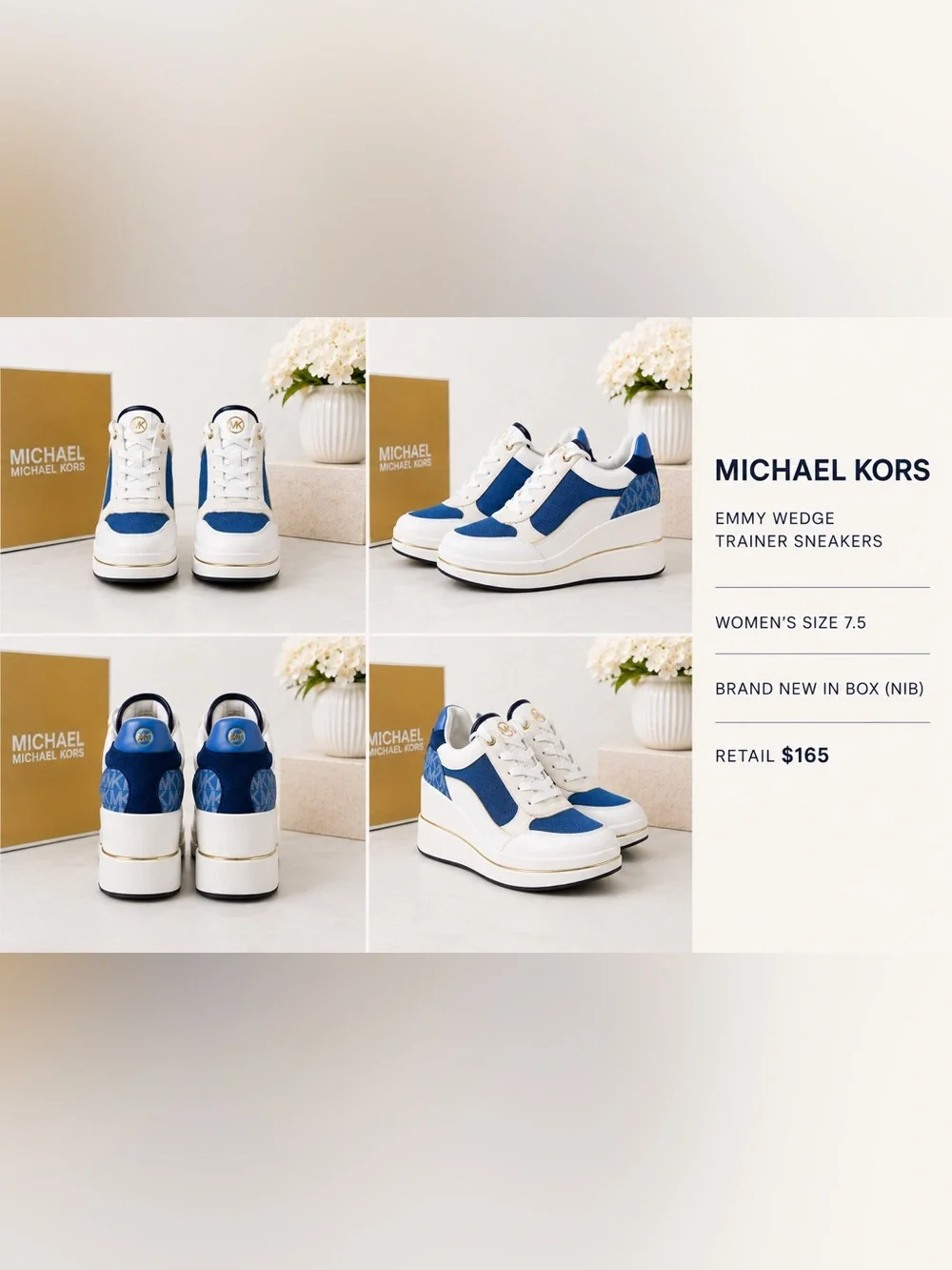 Michael Kors Emmy Wedge Trainer Sneakers French Blue Multi Women's Size 7.5 NIB